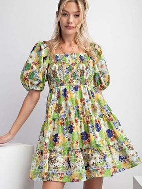 Easel Floral Smocked Square-Neck Mini Dress in Green, Blue & Yellow